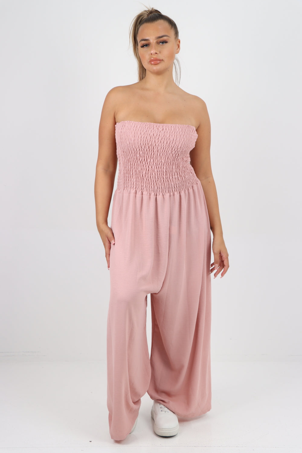 Italian Shirred Elasticated Wide Leg Jumpsuit