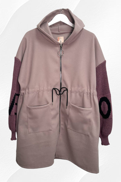 Italian Sueded Zipper Tie Front Hoody with Love Print Sleeves Coat