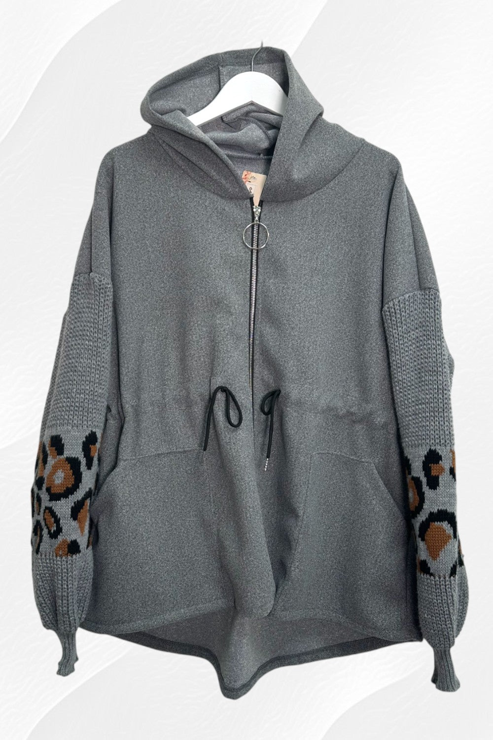 Italian Sueded Zipper Tie Front Hoody with Leopard Print Sleeves Coat