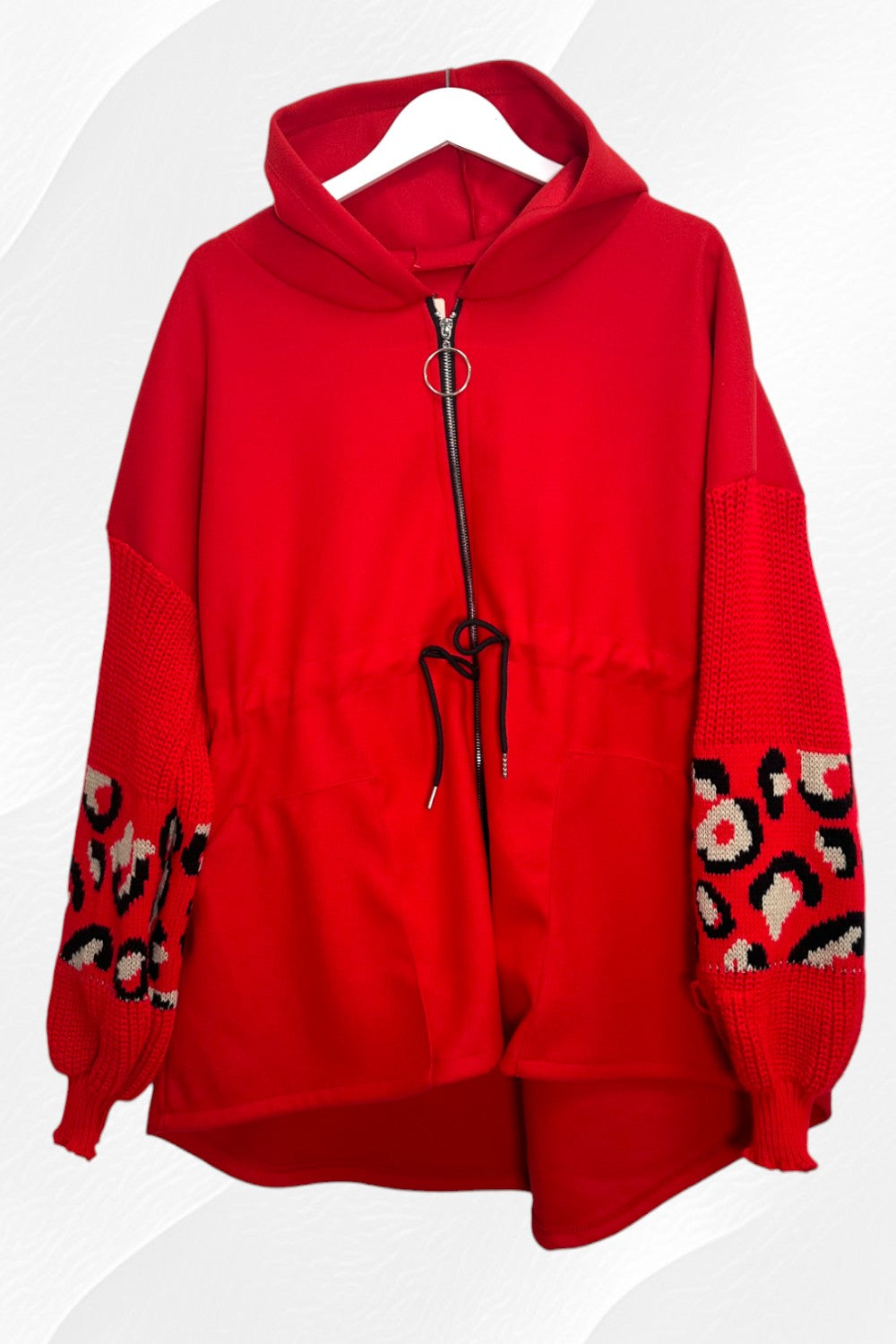 Italian Sueded Zipper Tie Front Hoody with Leopard Print Sleeves Coat