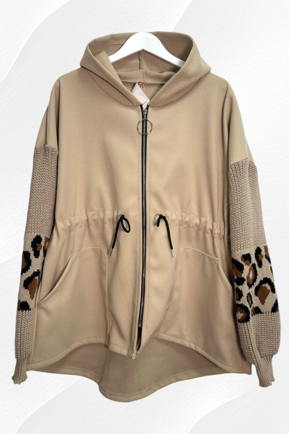 Italian Sueded Zipper Tie Front Hoody with Leopard Print Sleeves Coat