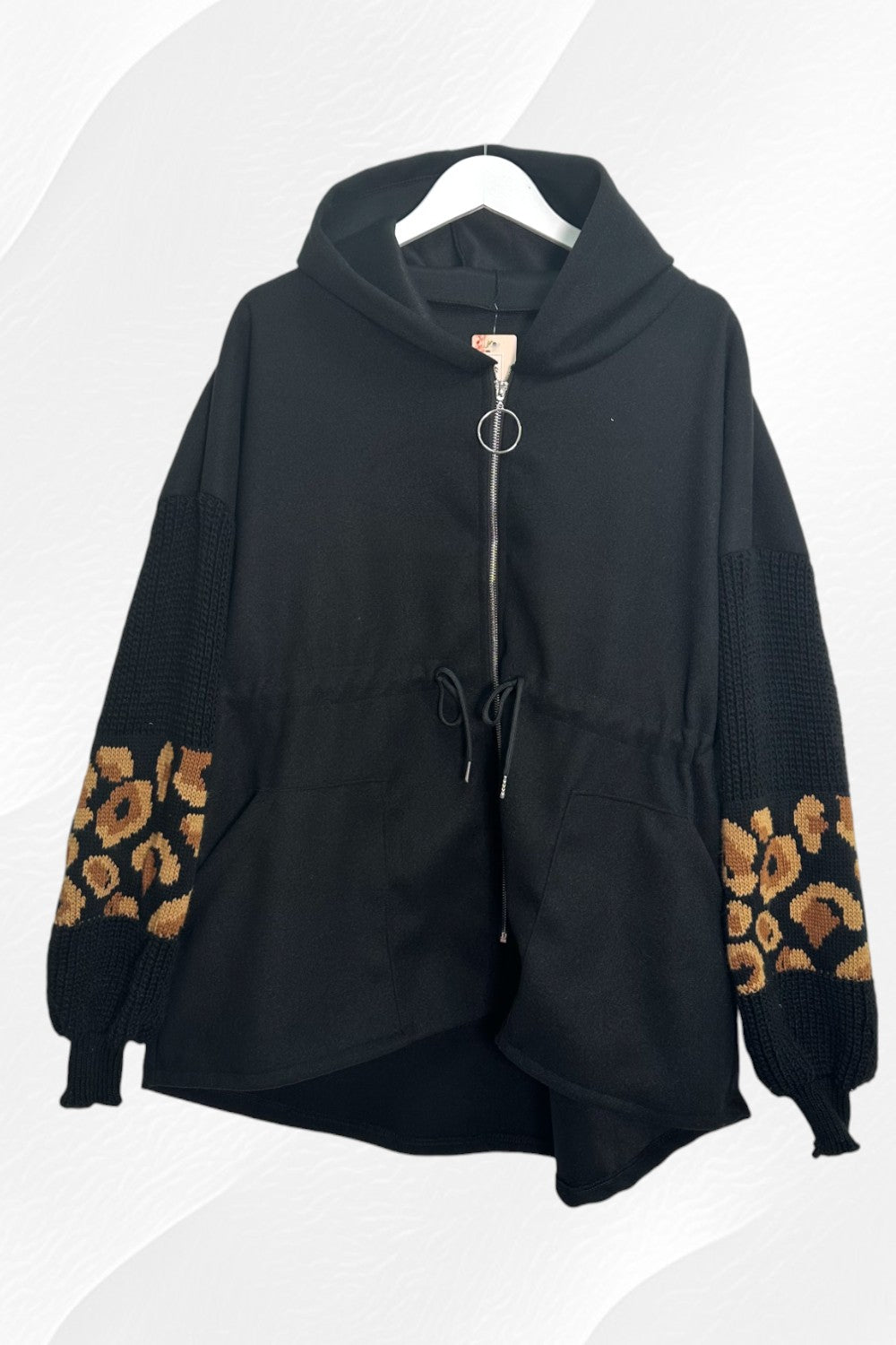 Italian Sueded Zipper Tie Front Hoody with Leopard Print Sleeves Coat