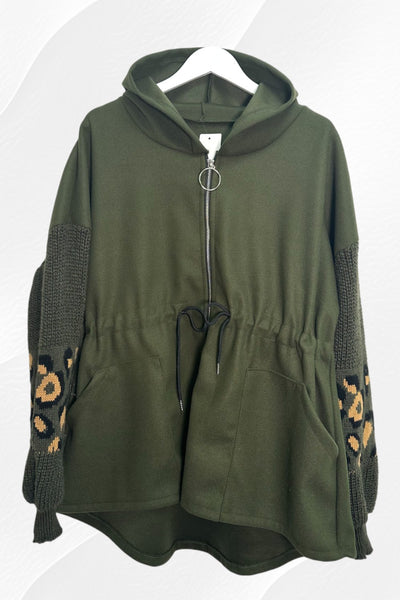 Italian Sueded Zipper Tie Front Hoody with Leopard Print Sleeves Coat