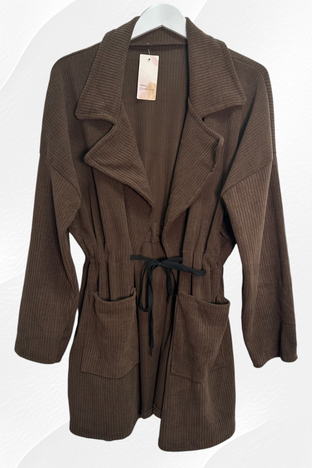 Italian Front Tie Waist Pocket Detailed Corduroy Long Sleeve Cardigan