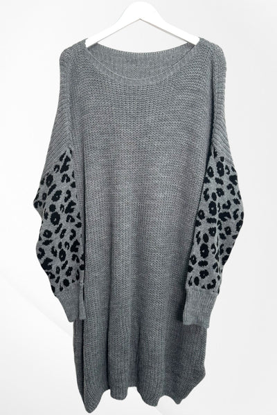 Italian Leopard Print Sleeve Chunky Knit Jumper Dress