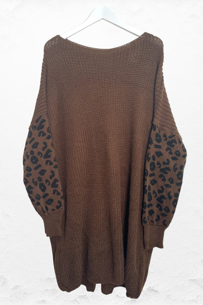 Italian Leopard Print Sleeve Chunky Knit Jumper Dress