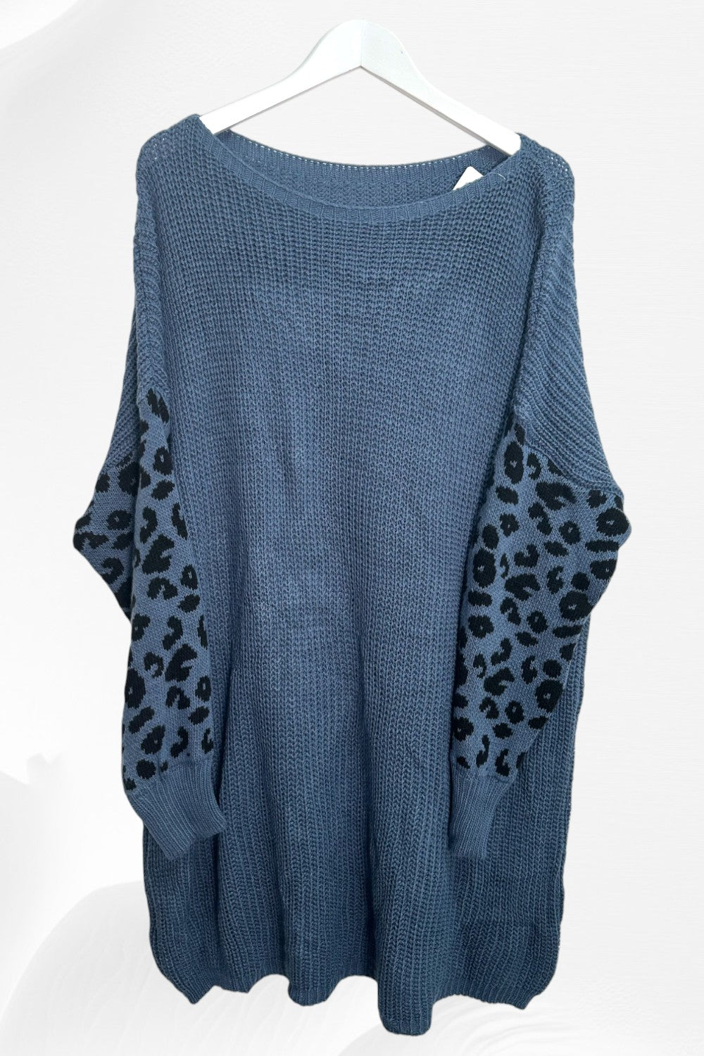 Italian Leopard Print Sleeve Chunky Knit Jumper Dress