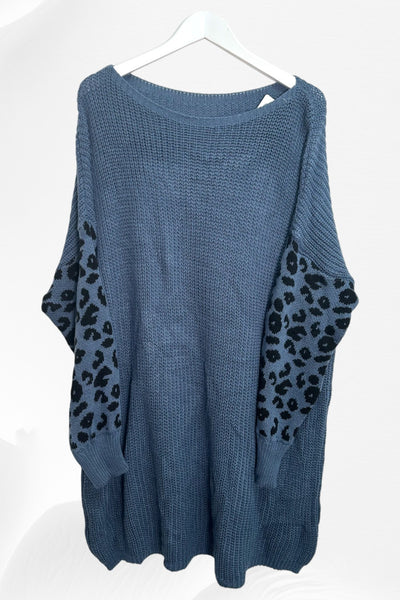 Italian Leopard Print Sleeve Chunky Knit Jumper Dress