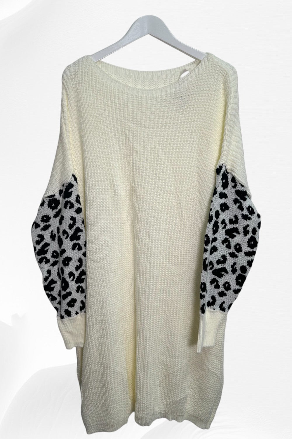 Italian Leopard Print Sleeve Chunky Knit Jumper Dress