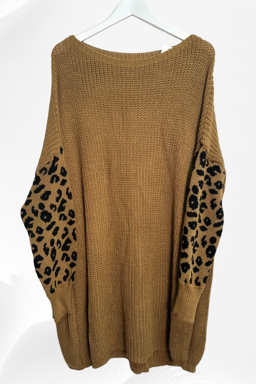 Italian Leopard Print Sleeve Chunky Knit Jumper Dress