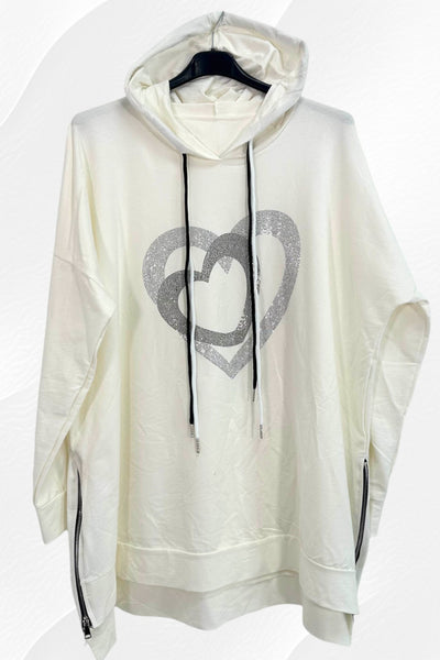 Italian Glitter Multi Heart Long Sleeve Drawstring Hooded Side Zip Top