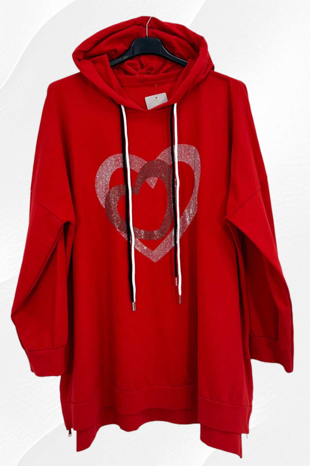 Italian Glitter Multi Heart Long Sleeve Drawstring Hooded Side Zip Top