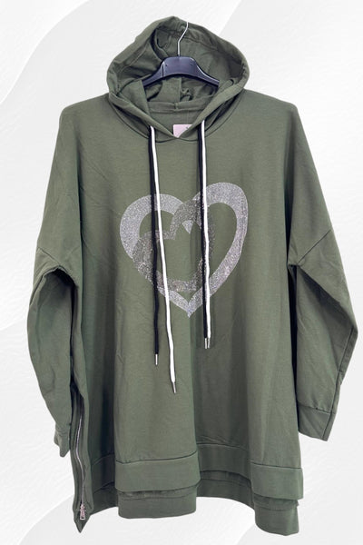 Italian Glitter Multi Heart Long Sleeve Drawstring Hooded Side Zip Top