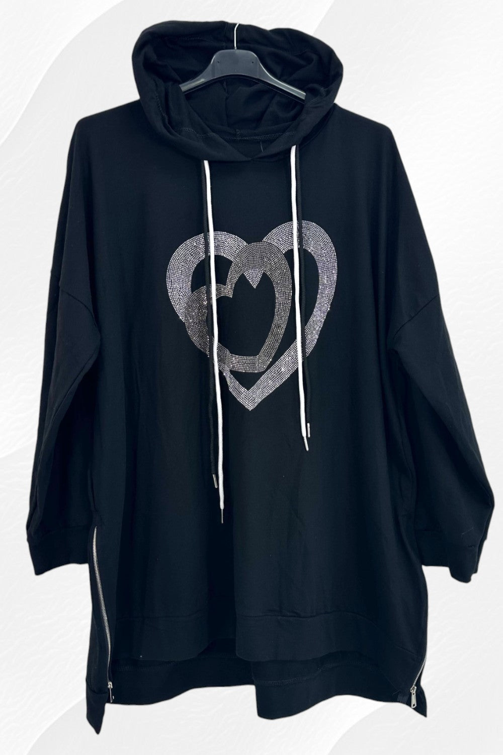 Italian Glitter Multi Heart Long Sleeve Drawstring Hooded Side Zip Top