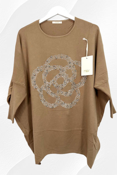 Italian Embellished Flower Print Stud Detail Jumper Top