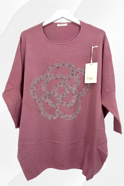 Italian Embellished Flower Print Stud Detail Jumper Top