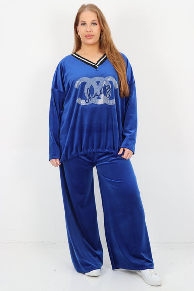 Italian V Neck CC Print Top and Bottom Velour Co - Ord Set