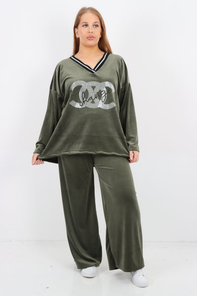 Italian V Neck CC Print Top and Bottom Velour Co - Ord Set