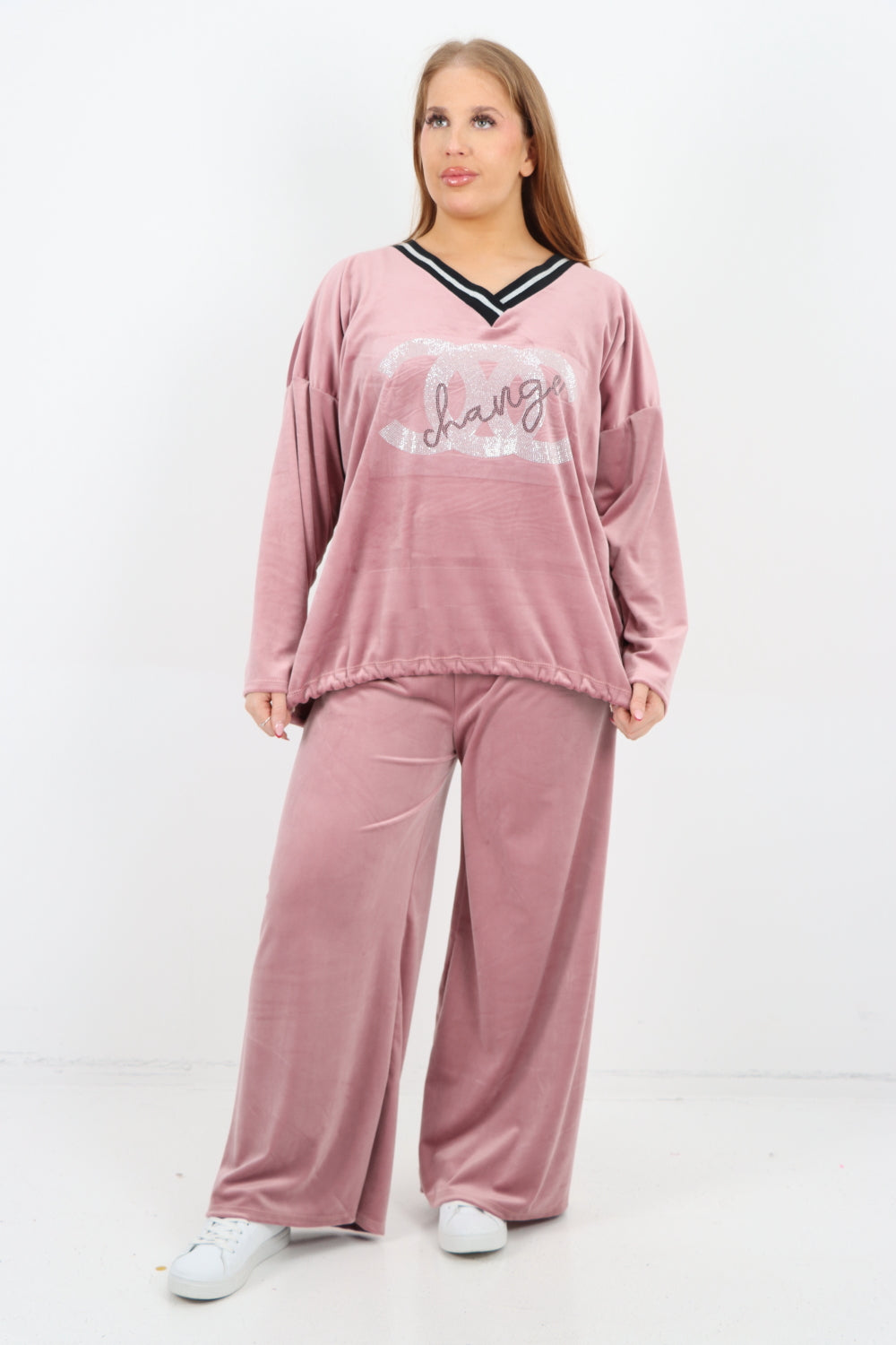 Italian V Neck CC Print Top and Bottom Velour Co - Ord Set