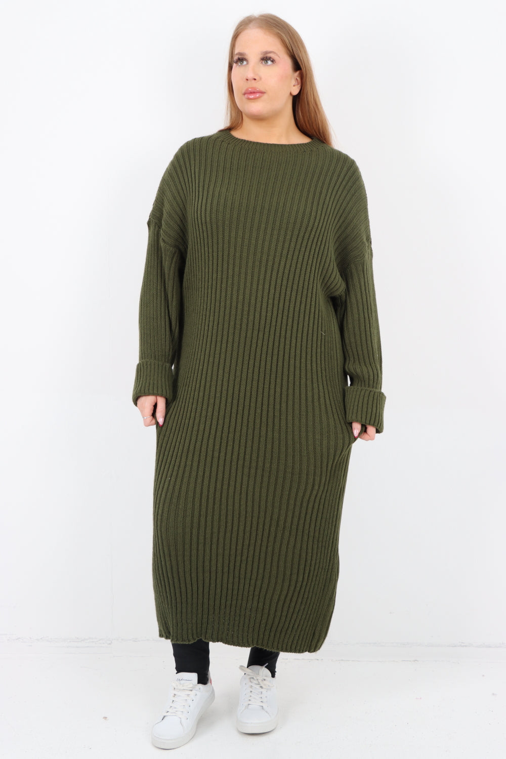 Italian Ribbed Chunky Knit Round Neck Long Sleeve Jumper Dress