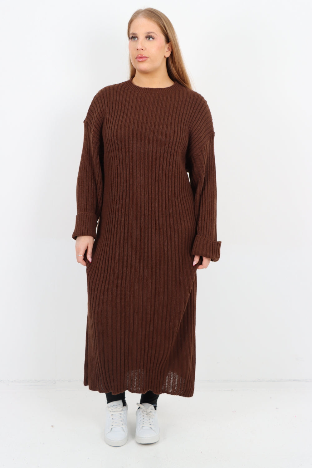 Italian Ribbed Chunky Knit Round Neck Long Sleeve Jumper Dress