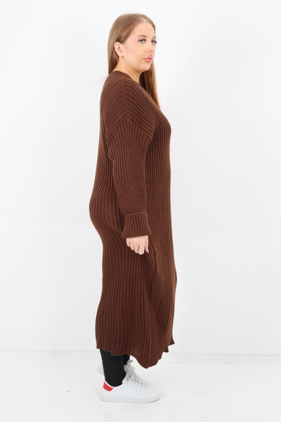 Italian Ribbed Chunky Knit Round Neck Long Sleeve Jumper Dress