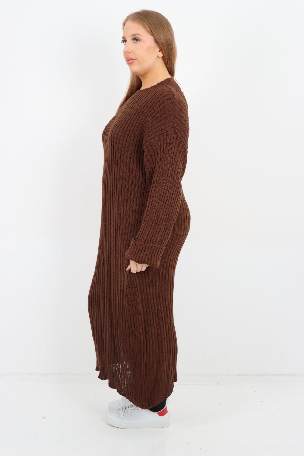 Italian Ribbed Chunky Knit Round Neck Long Sleeve Jumper Dress