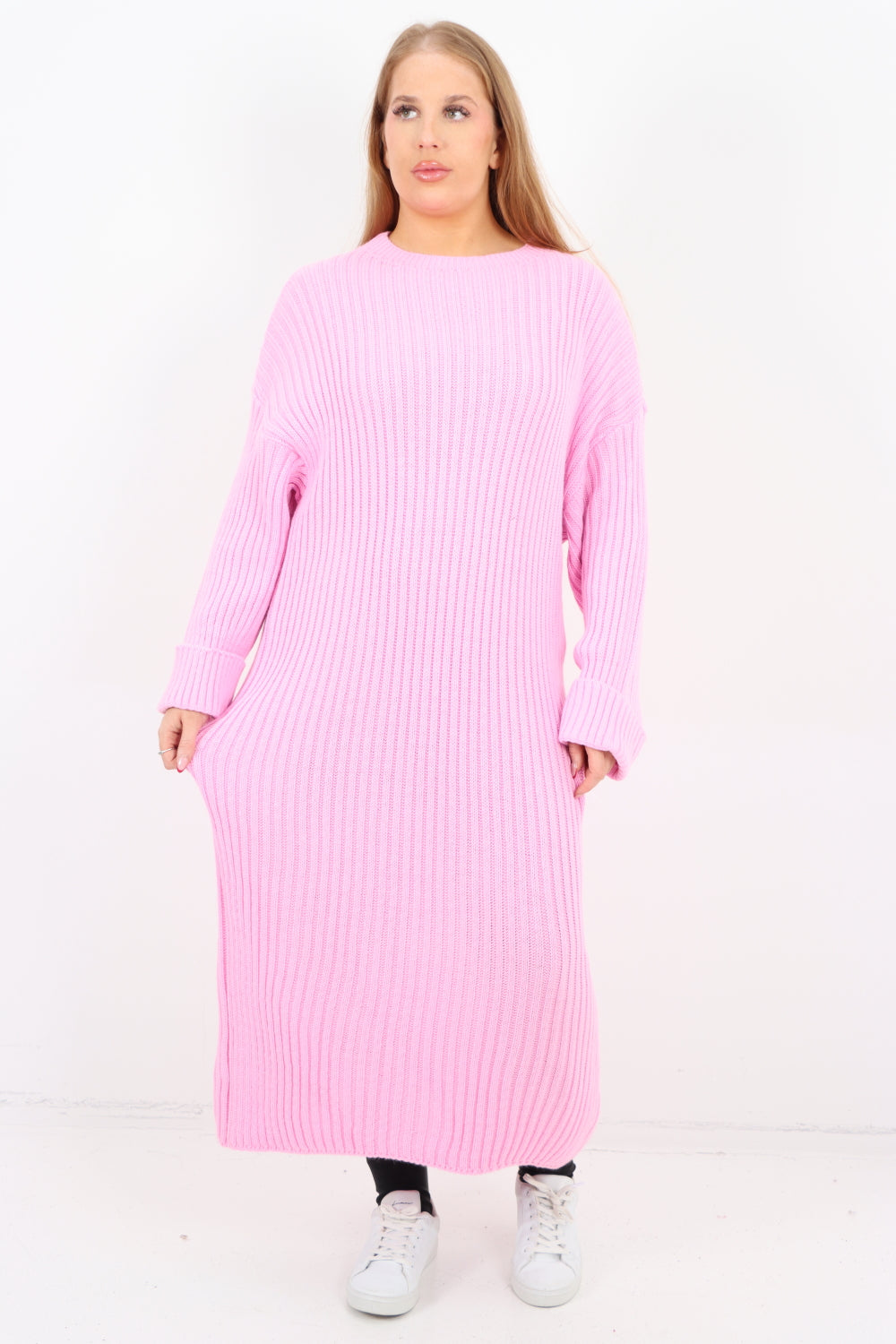 Italian Ribbed Chunky Knit Round Neck Long Sleeve Jumper Dress