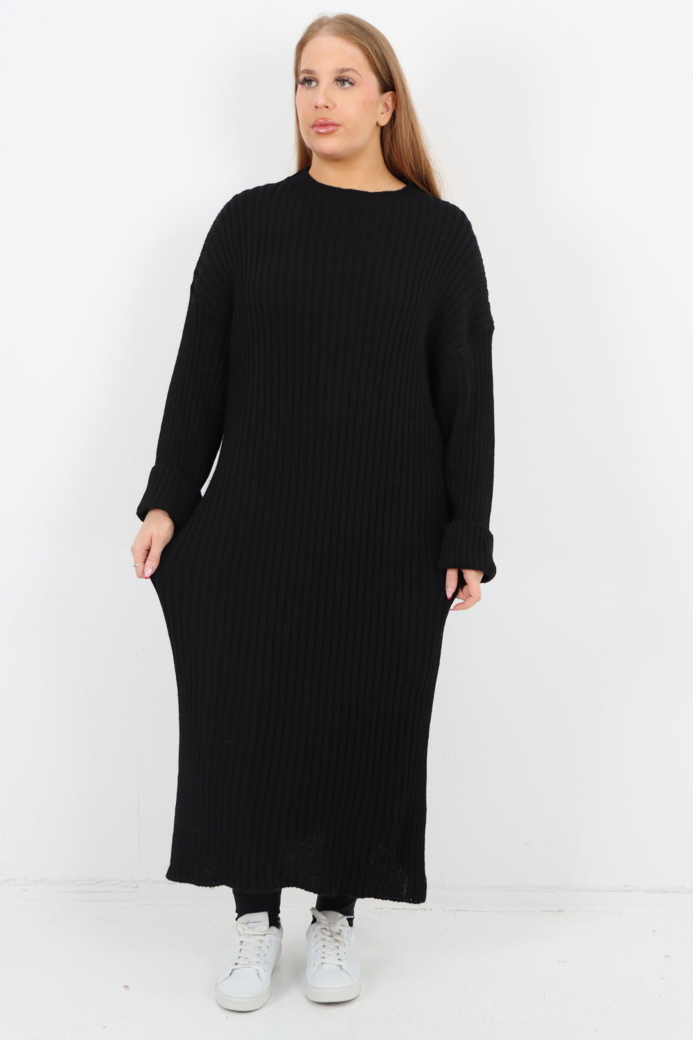 Italian Ribbed Chunky Knit Round Neck Long Sleeve Jumper Dress