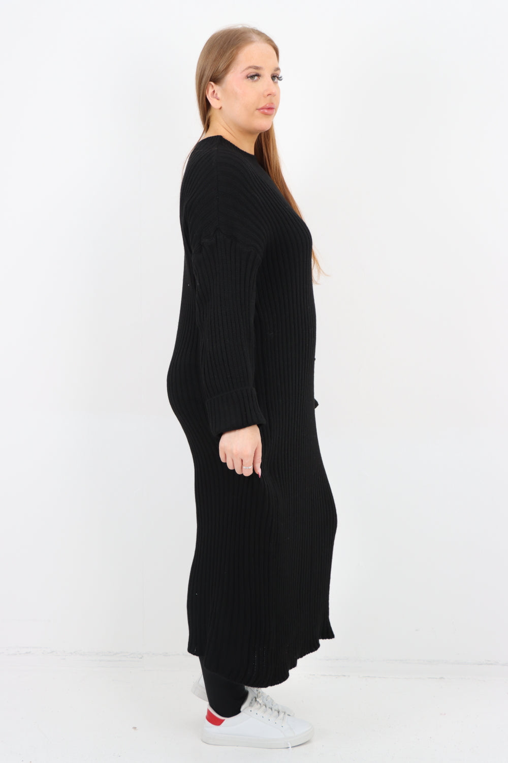 Italian Ribbed Chunky Knit Round Neck Long Sleeve Jumper Dress