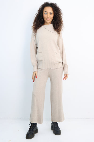 Italian Plian Ribbed Panel Top and Bottom Knitted Co Ord Set