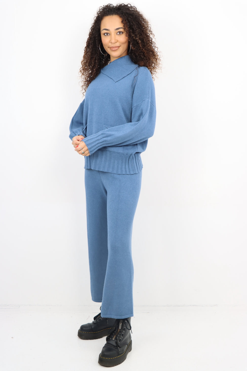 Italian Plian Ribbed Panel Top and Bottom Knitted Co Ord Set