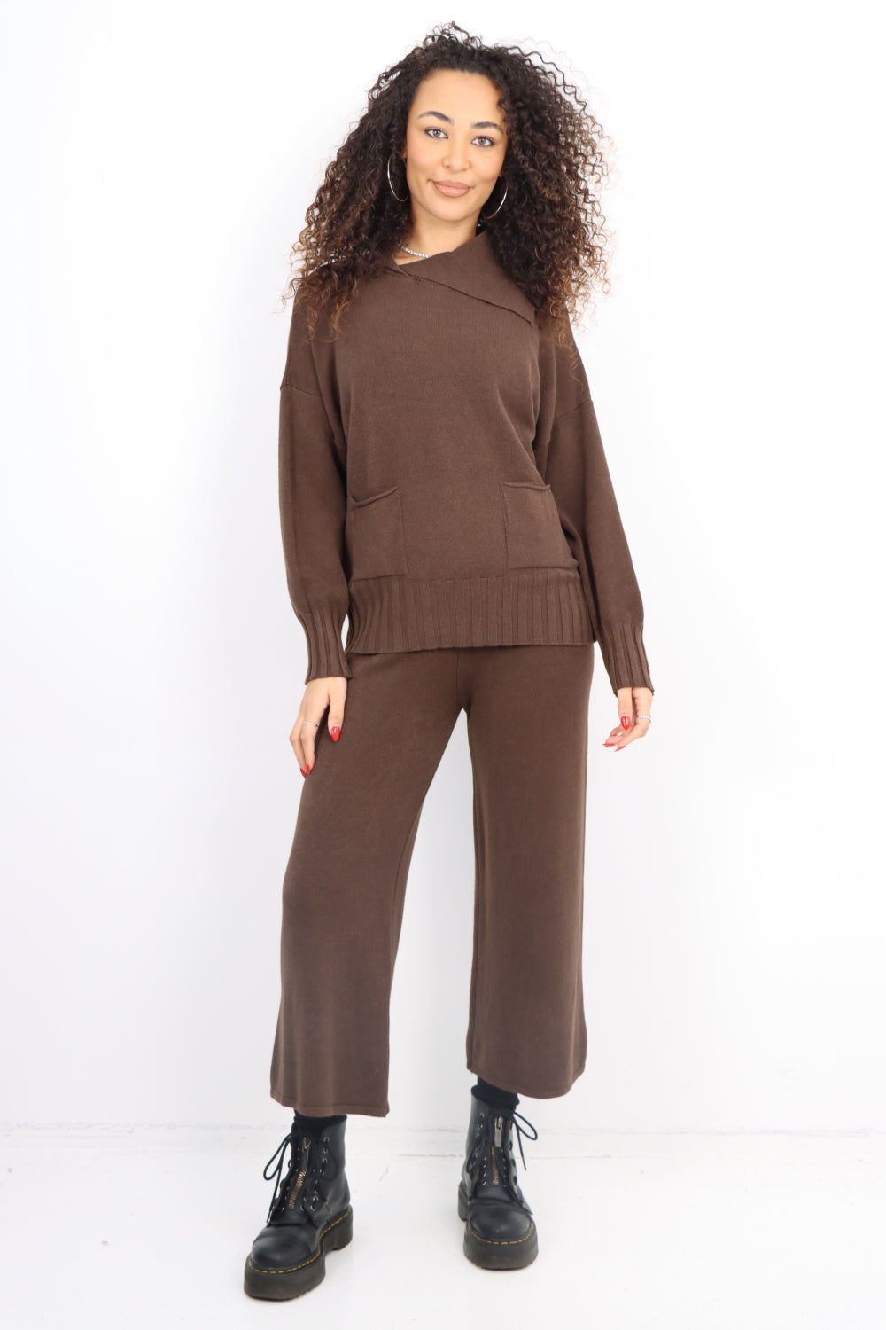 Italian Plian Ribbed Panel Top and Bottom Knitted Co Ord Set