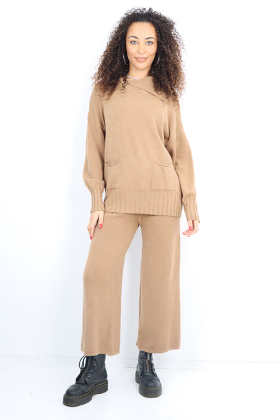 Italian Plian Ribbed Panel Top and Bottom Knitted Co Ord Set