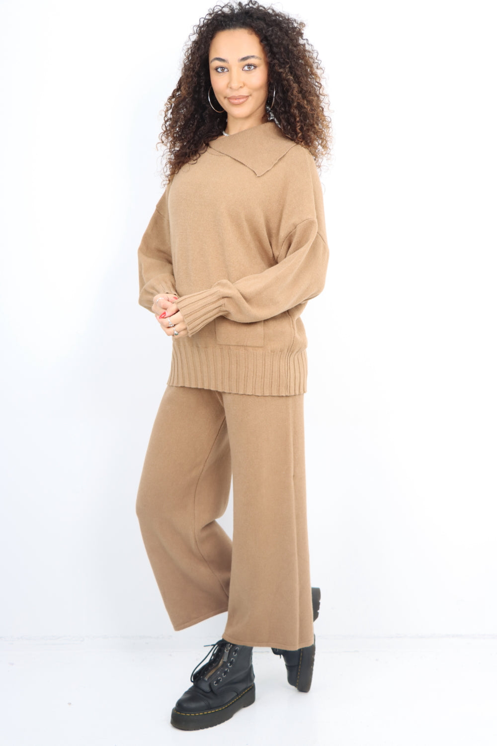 Italian Plian Ribbed Panel Top and Bottom Knitted Co Ord Set