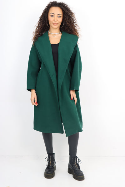 Italian Plain Side Pockets Open Front Hooded Waterfall Coat