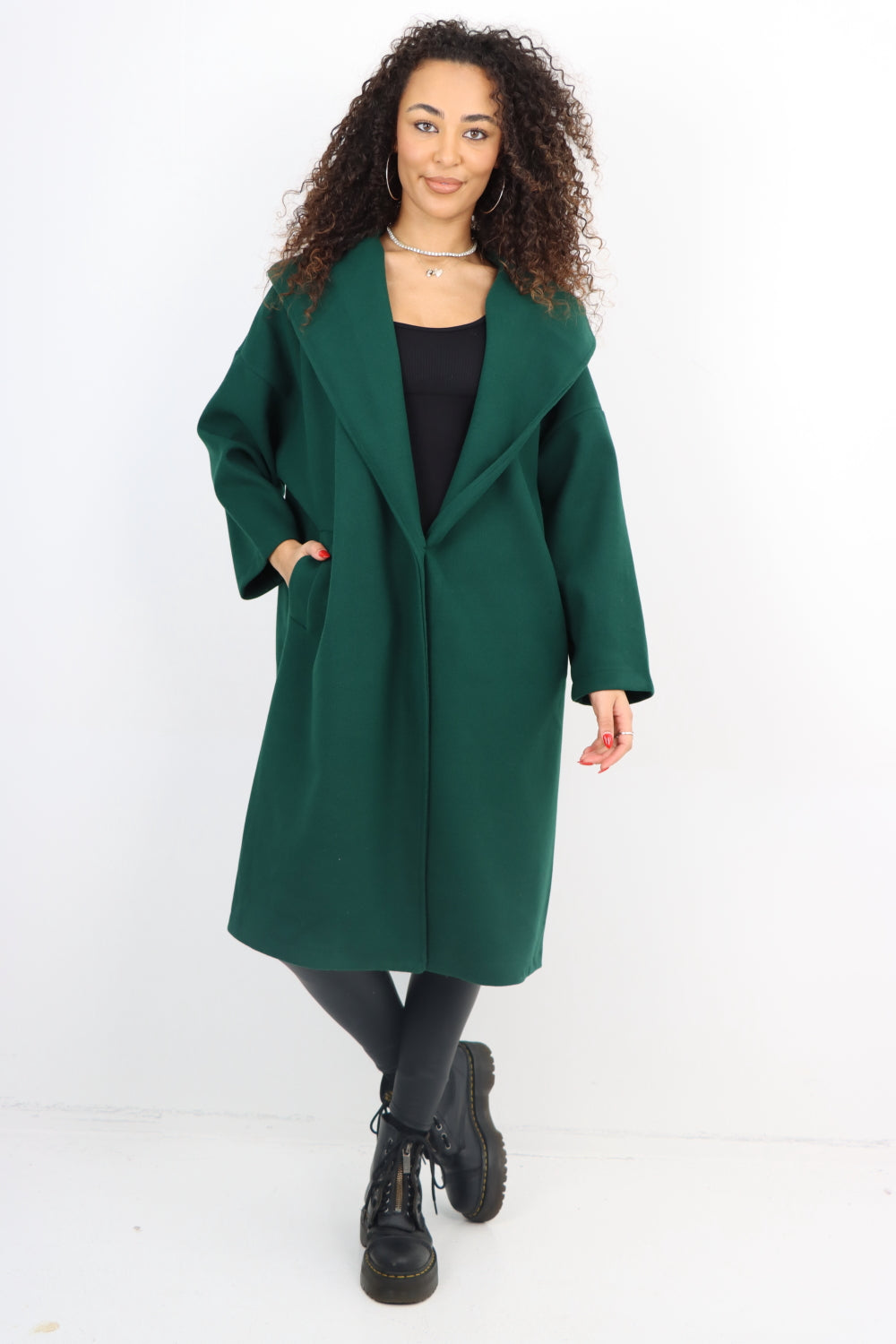 Italian Plain Side Pockets Open Front Hooded Waterfall Coat