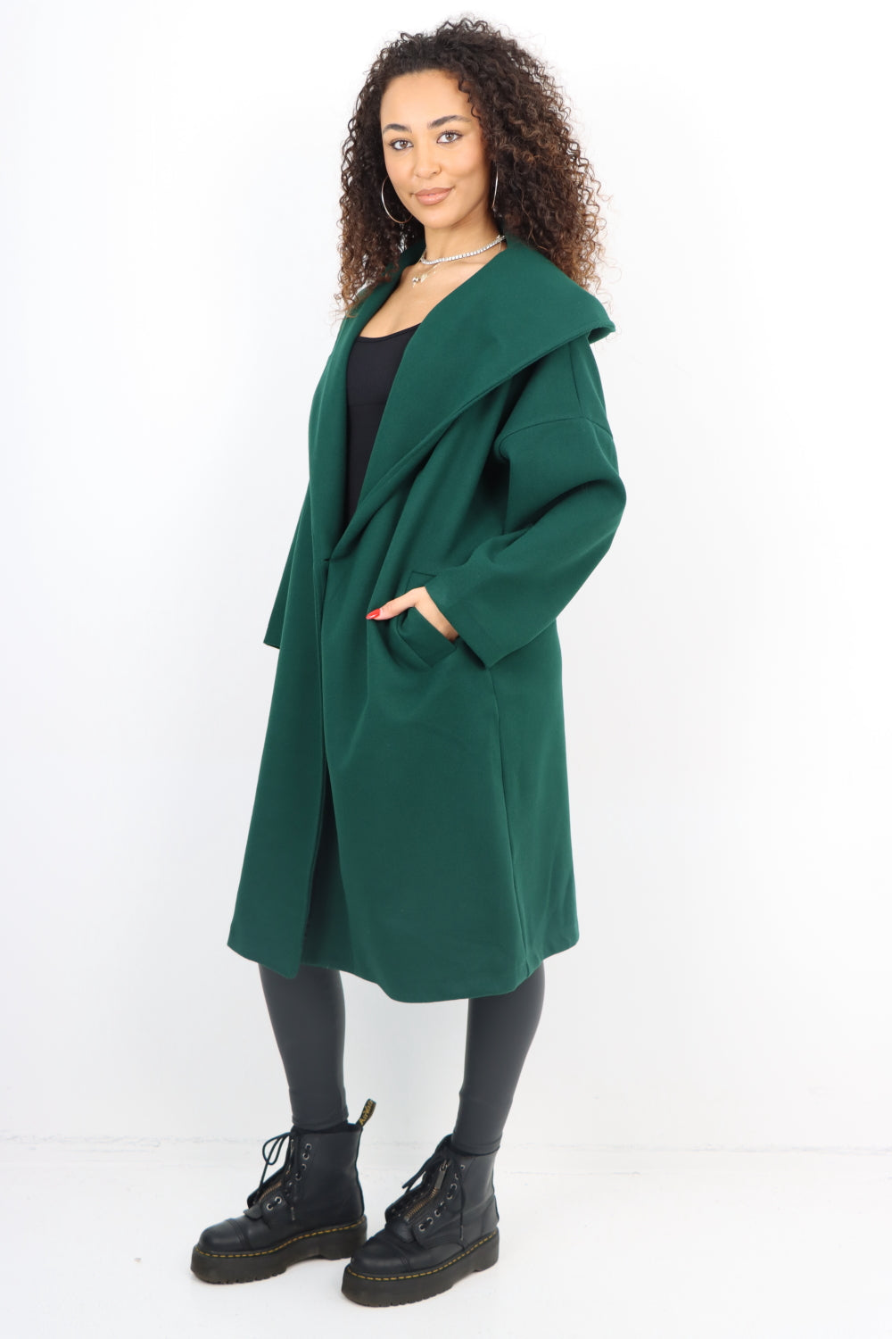 Italian Plain Side Pockets Open Front Hooded Waterfall Coat