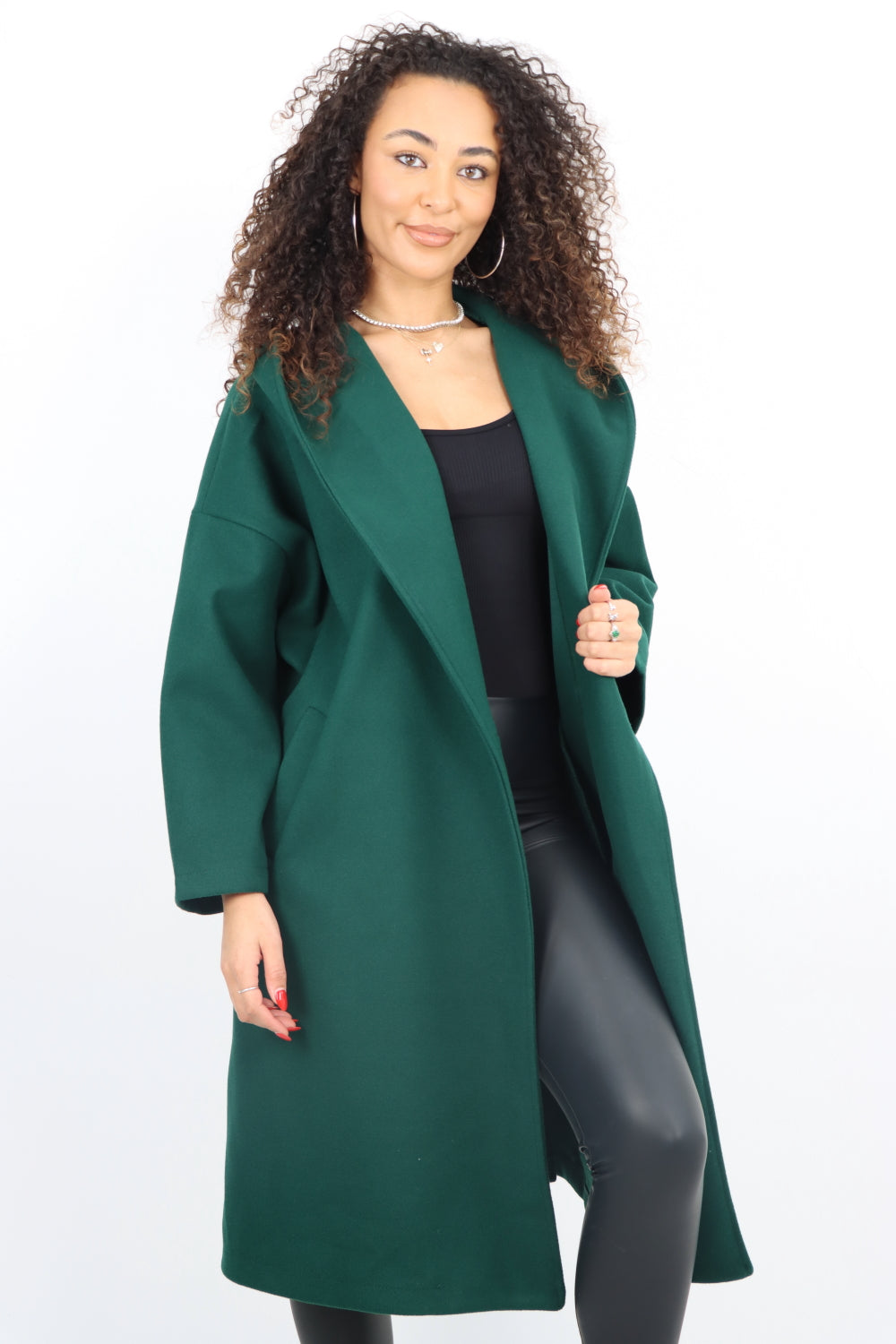 Italian Plain Side Pockets Open Front Hooded Waterfall Coat