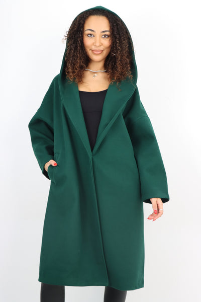 Italian Plain Side Pockets Open Front Hooded Waterfall Coat