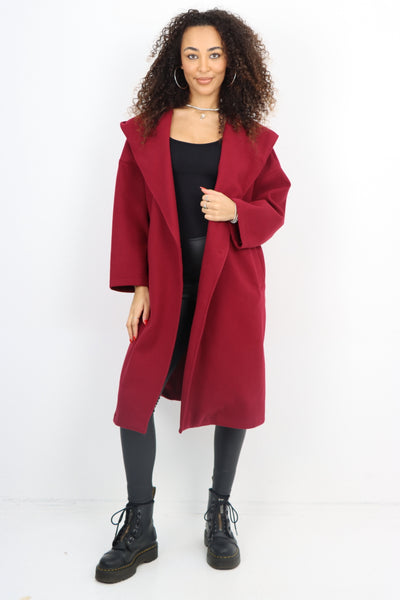 Italian Plain Side Pockets Open Front Hooded Waterfall Coat