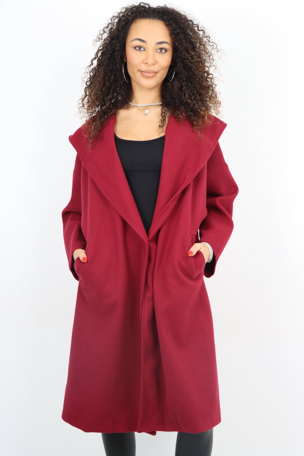 Italian Plain Side Pockets Open Front Hooded Waterfall Coat