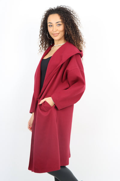 Italian Plain Side Pockets Open Front Hooded Waterfall Coat