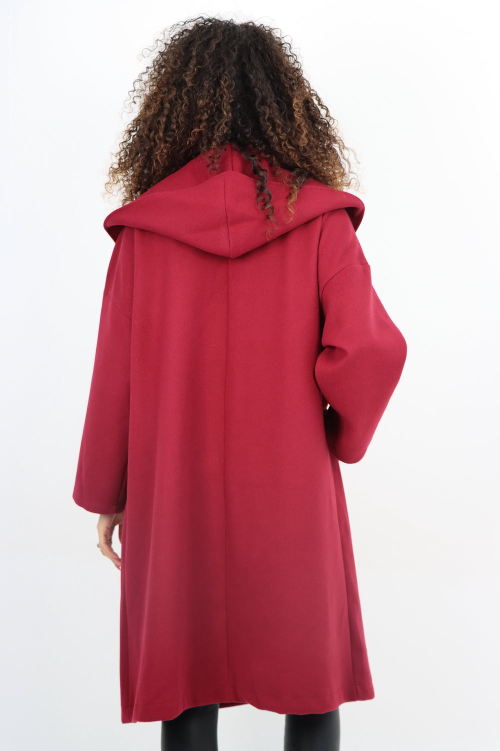 Italian Plain Side Pockets Open Front Hooded Waterfall Coat