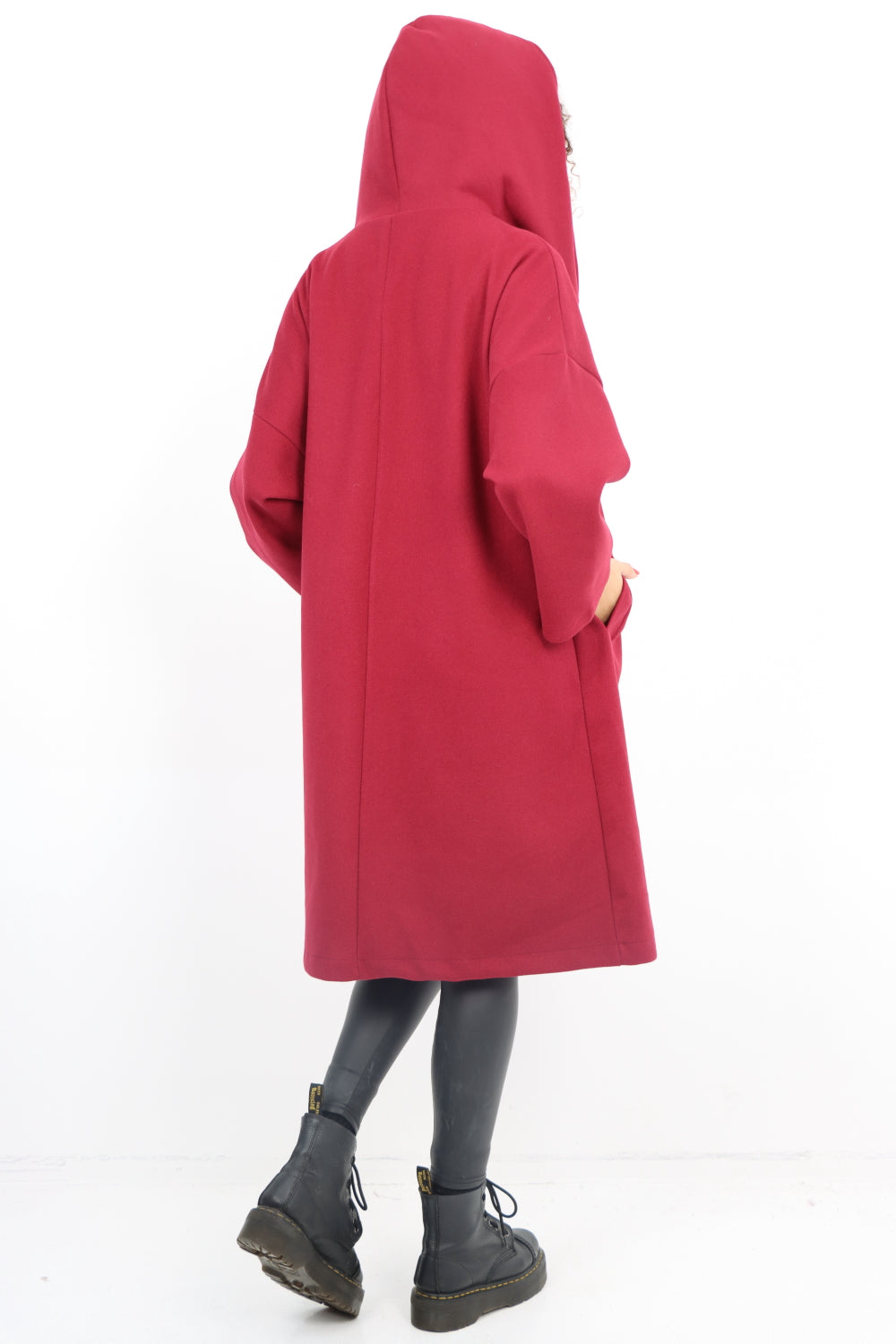 Italian Plain Side Pockets Open Front Hooded Waterfall Coat