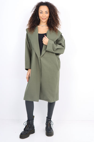 Italian Plain Side Pockets Open Front Hooded Waterfall Coat