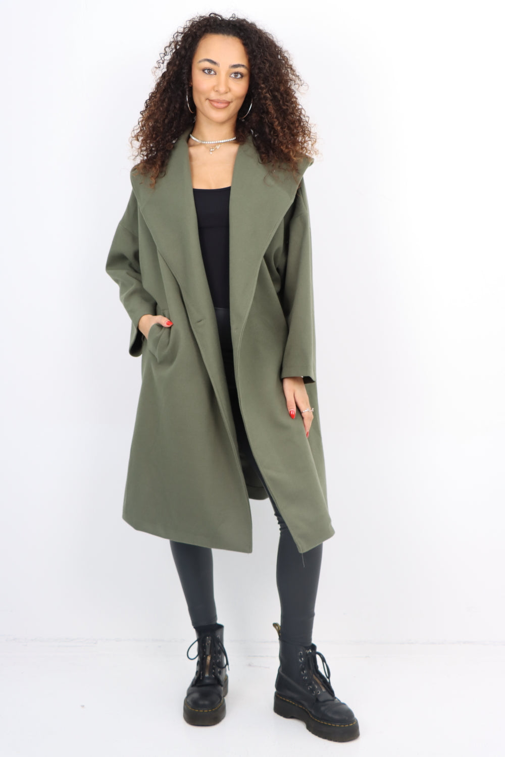 Italian Plain Side Pockets Open Front Hooded Waterfall Coat