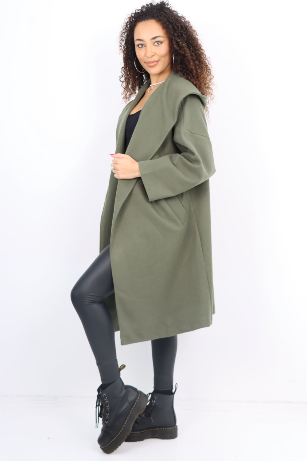 Italian Plain Side Pockets Open Front Hooded Waterfall Coat