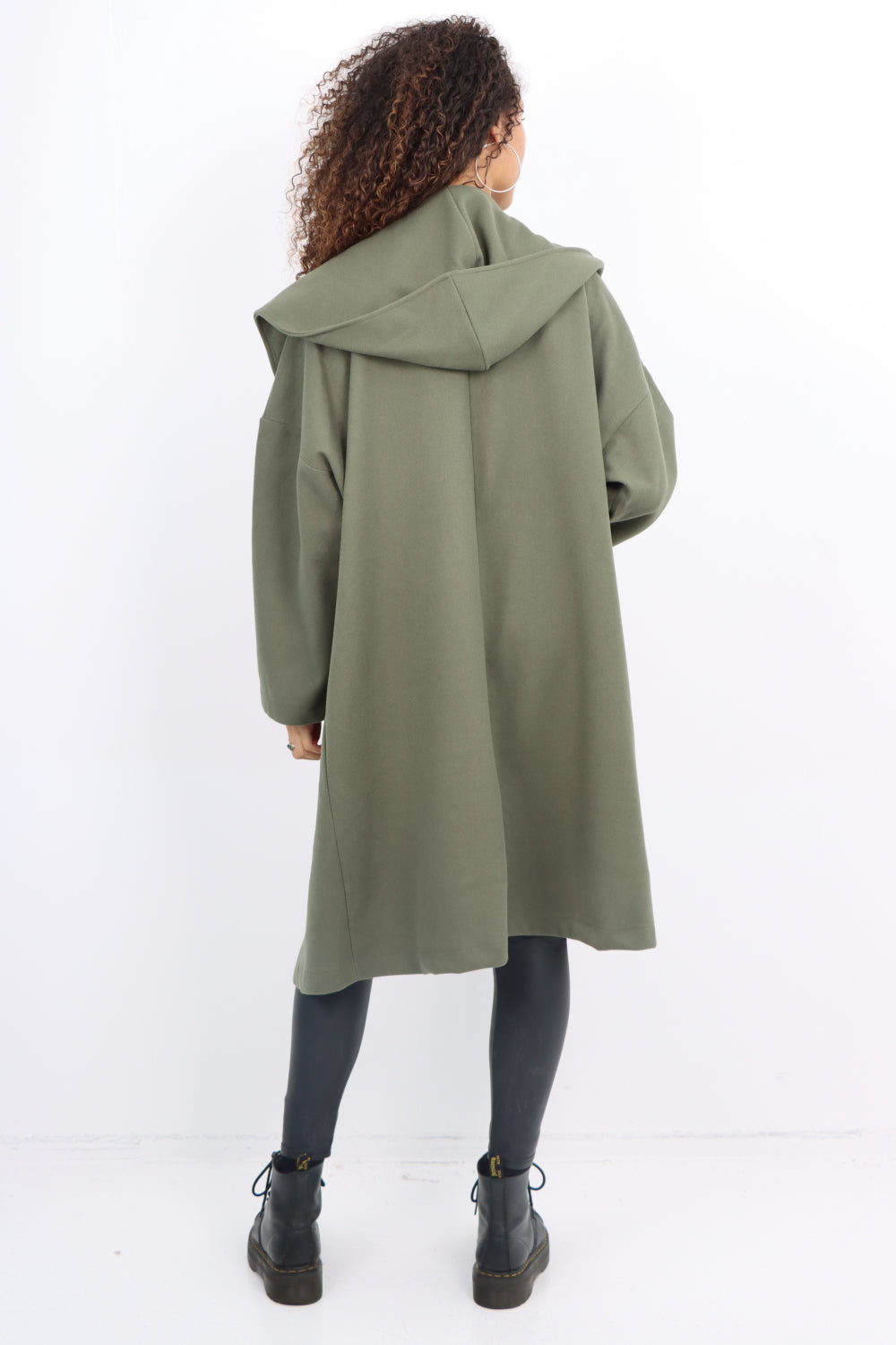 Italian Plain Side Pockets Open Front Hooded Waterfall Coat