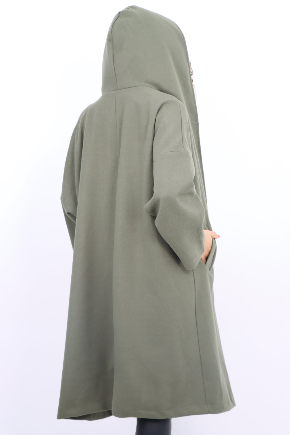 Italian Plain Side Pockets Open Front Hooded Waterfall Coat